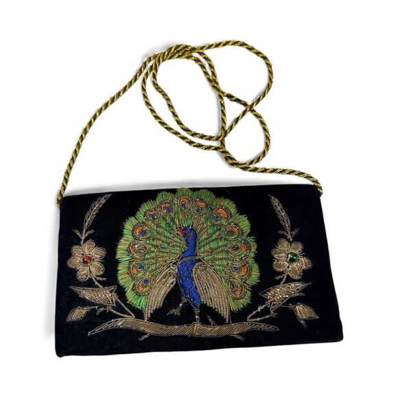 Vintage Black Velvet Peacock Evening Clutch Purse Zardozi Hand Embroidery - Picture 9 of 13